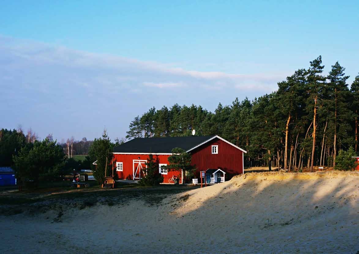 A red wooden house beside a northern forest