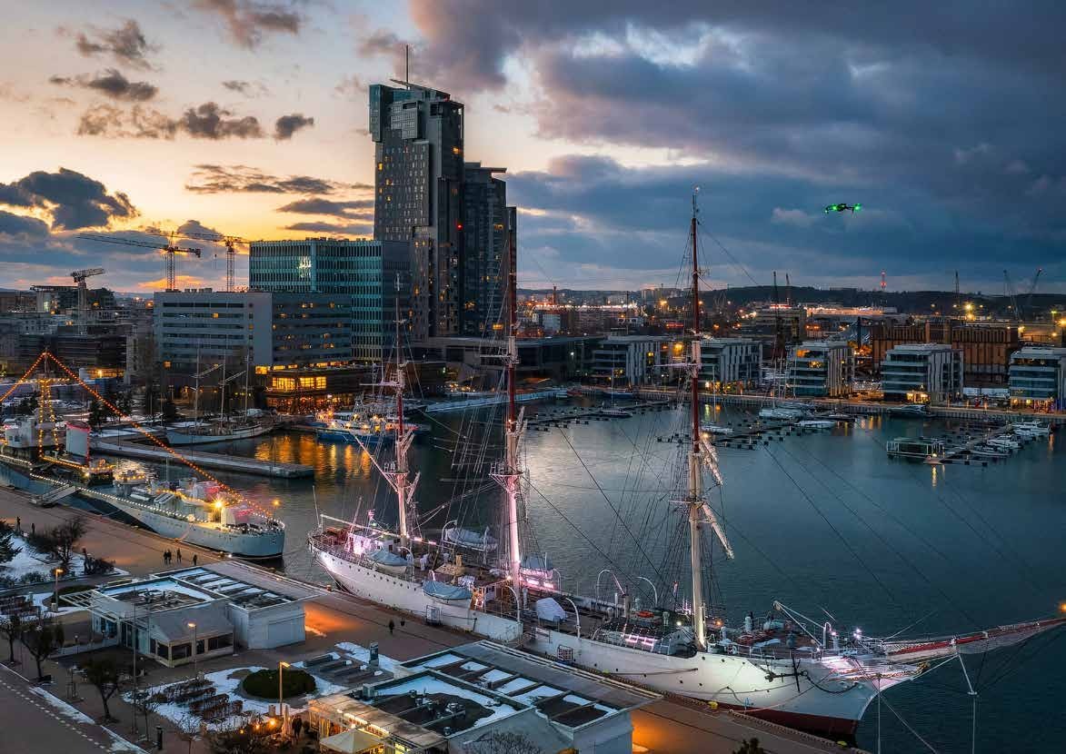 A contemporary city skyline at dusk